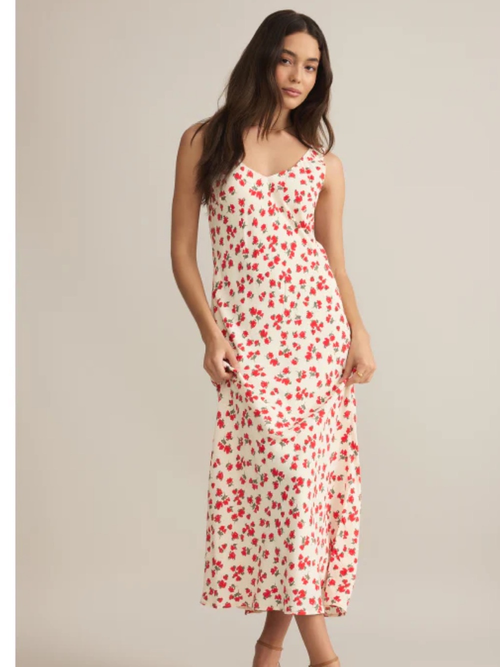 Zsupply Cream Floral Slip Maxi Dress with Red Flowers Print